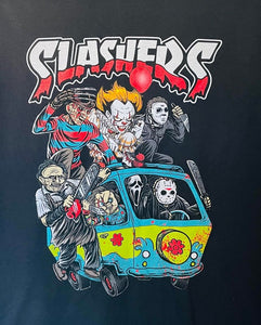 new horror slashers in the dream machine mens silkscreen t-shirt available from small-3xl freddy krueger pennywise jason voorhees leather face ghostface chucky michael meyers women unisex movie men horror apparel adult shirts tops
