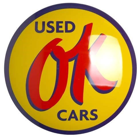 new used ok cars curved metal with hemmed edges dome signs 15 round decor trucks transportation parts mopar man cave lowrider funny chevy cars auto alcohol novelty
