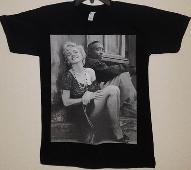 new marilyn monroe tupac sitting together mens silkscreen t-shirt available from small-3xl women men unisex vintage hollywood music rap hip hop movies apparel adult shirts tops