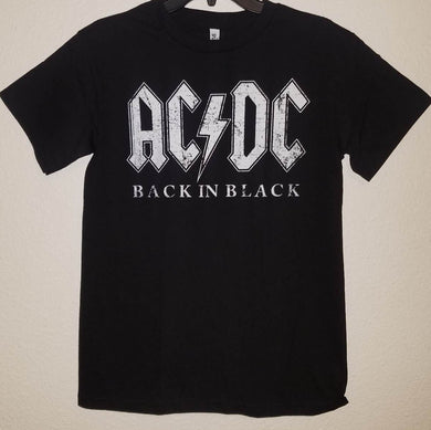 New AC/DC Distressed Back In Black Logo Unisex Silkscreen T-Shirt. Available From Small-2XL. hard rock classic rock apparel