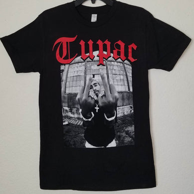 new tupac w red letters double middle finger mens silkscreen t-shirt available from small-3xl women unisex music movie men hip hop rap apparel adult shirts tops