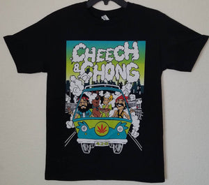 new cheech chong w scooby doo and shaggy men silkscreen t-shirt available from small-3xl mystery van funny movies comedy apparel adult unisex shirts tops