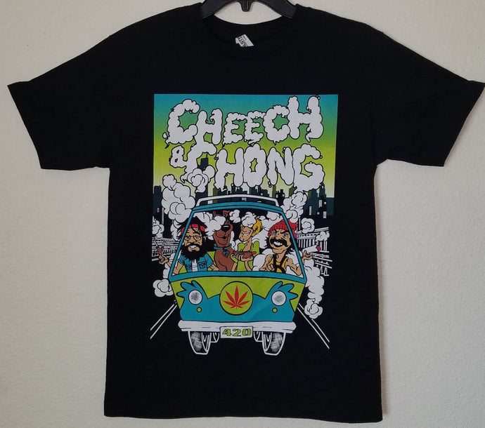 new cheech chong w scooby doo and shaggy men silkscreen t-shirt available from small-3xl mystery van funny movies comedy apparel adult unisex shirts tops