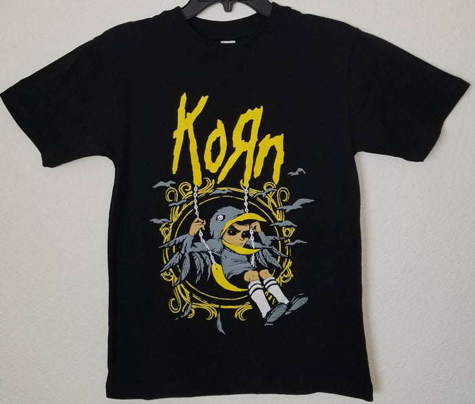 new korn scarecrow kid on swing mens silkscreen t-shirt available from small-3xl women unisex scarecrow rock music men hard rock apparel adult shirts tops