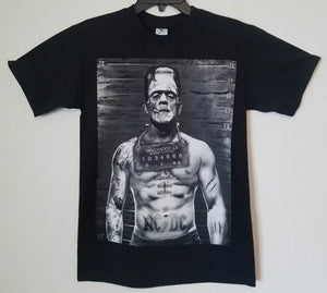 new horror frankenstein mugshot mens silkscreen t-shirt available from small-3xl unisex vintage hollywood movies horror apparel adult women shirts tops