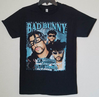 new bad bunny picture collage el ultimo unisex silkscreen t-shirt available from small-3xl tour del mundo hip hop rap reggaeton unisex apparel adult music