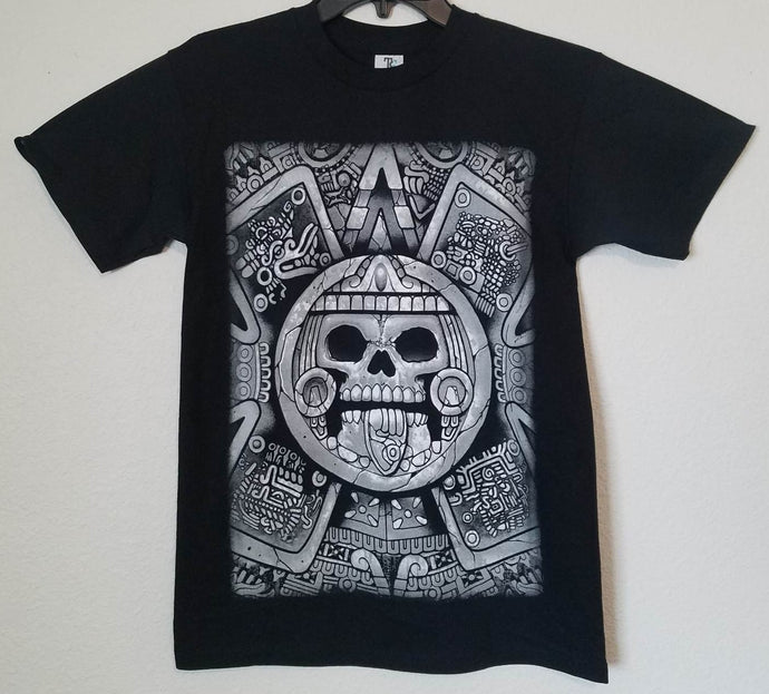 new aztec face mens silkscreen t-shirt available from small 3xl sun god tonatiuh apparel adult mexican style unisex shirt tops