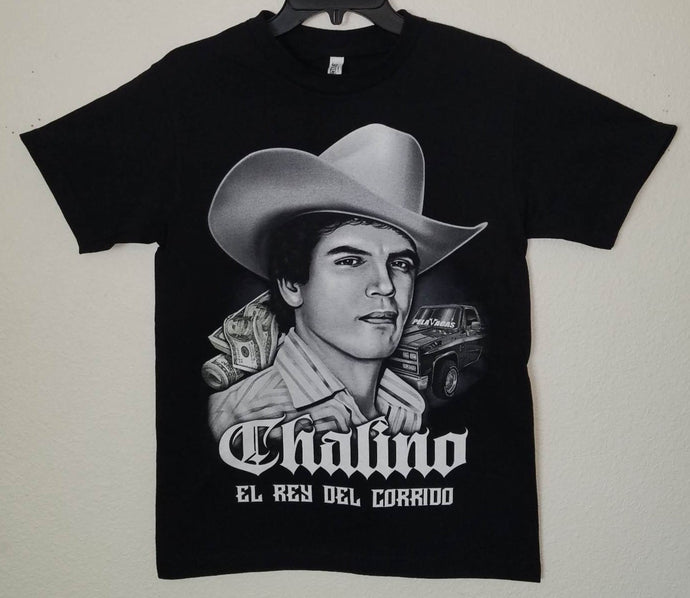 new chalino sanchez with truck men silkscreen t-shirt available from small-3xl mexican style mexico unisex shirts tops apparel adult music trucks