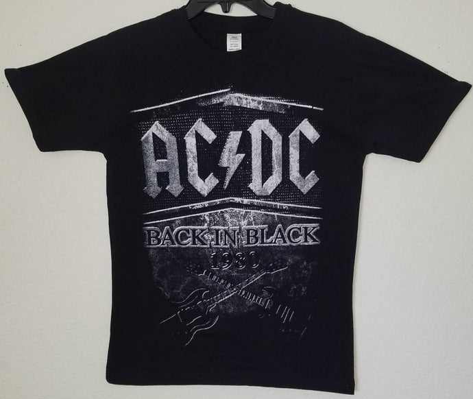New AC/DC Back In Black 1980 Men's Silkscreen T-Shirt. Available From Small-3XL. Image Is On The Front Of The Shirt hard rock classic rock apparel unisex