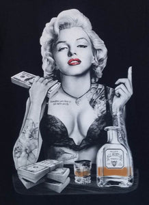 New "Marilyn Monroe Drinking All Hustle Shots" Unisex Silkscreen T-Shirt. Available From Small-2XL.
