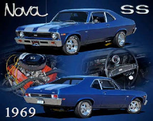 New "1969 Chevrolet Nova SS" Man Cave Wall Décor Metal Sign. 15"W x 12"H.