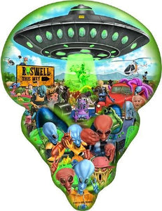 New "Roswell Alien Head Full Color" Shaped Embossed Metal Sign. 14" Wide x 18.5" Tall.