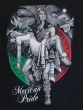 Load image into Gallery viewer, new mexican pride aztec warrior carrying his princess unisex silkscreen t-shirt available from small-3xl women unisex patriotic mexican style men apparel adult shirts tops
