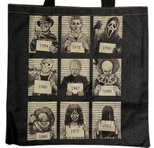 Load image into Gallery viewer, New 9 Most Wanted Horror Mugshots Freddy Krueger, Michael Myers, Scream Ghost, Jason Voorhees, Pinhead, Pennywise It Clown, Chucky, The Exorcist &amp; The Ring. Canvas Tote Bags. Image Is Printed On Both Sides. Bag Is 15.7 inches Wide x 15.7 inches Tall Handle 11.8 inches
