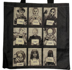 New 9 Most Wanted Horror Mugshots Freddy Krueger, Michael Myers, Scream Ghost, Jason Voorhees, Pinhead, Pennywise It Clown, Chucky, The Exorcist & The Ring. Canvas Tote Bags. Image Is Printed On Both Sides. Bag Is 15.7 inches Wide x 15.7 inches Tall Handle 11.8 inches