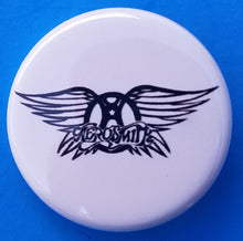 Load image into Gallery viewer, New Aerosmith Button Set Of Of 3 Fashion Buttons Are 1.25 Inches In Size. Set Includes 1. Aerosmith Logo On Black 2. Aerosmith Rocking The Joint Skull 3. Aerosmith Logo On White
