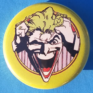 new dc characters button set of 4 fashion buttons are 1.25 inches in size Set Includes Batman 60s Cartoon Swinging Batman Superman Combined Logos Vintage Cartoon Joker Batwoman comics tv collection pinback