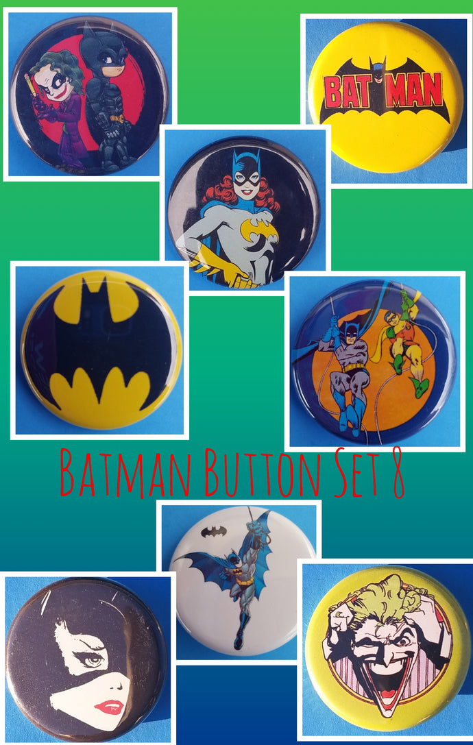 new batman button set of 8 fashion buttons are 1.25 inches in size 60's Cartoon Swinging Batman&Robin Catwoman Side View Classic Yellow With Black Bat Classic Yellow With Red Logo Kids Batman & Joker Vintage Cartoon joker Batwoman DCComics
