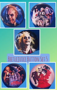 new beetlejuice button set of 5 fashion buttons are 1.25 inches in size Set Includes Beetlejuice Cartoon Wedding Beetlejuice Cementery Beetlejuice Movie Cover Beetlejuice Upclose With Long Hair Beetlejuice Upclose Short Hair