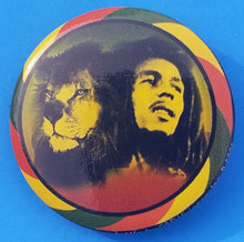 Load image into Gallery viewer, new bob marley button set of 7 fashion buttons are 1.25 and 1.50 inches in size set includes Bob Marley black n white half bob half lion bob marley one love rasta smoke bob marley with guitar bob marley with lion side by side yellow 3 faces reggae music
