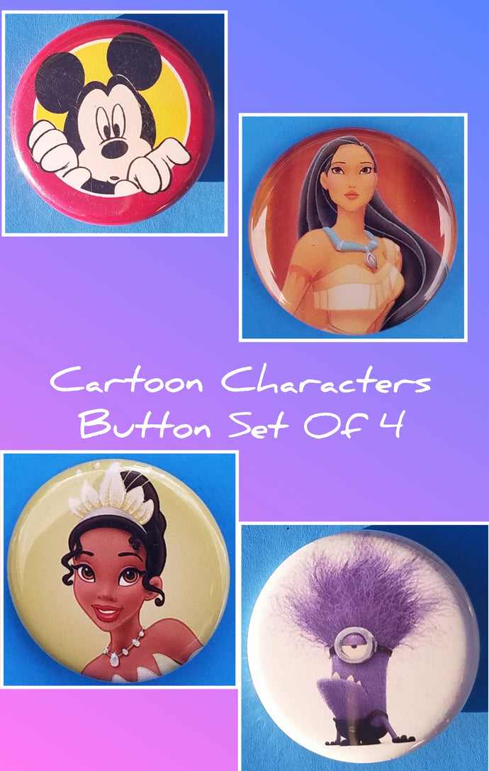 new cartoon characters button set of 4 fashion buttons are 1.25 inches in size Set Includes Mickey Mouse Looking Over Princess Pocahontas Princess Tiana Evil Purple Minion disney
