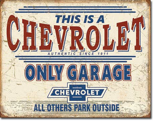 new chevrolet only garage garage sign wall art man cave metal sign 16width x 12.5height decor transportation general motors detroit chevy auto novelty