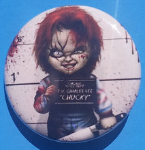 Load image into Gallery viewer, new chucky button set of 4 fashion buttons are 1.25 inches in size Set Includes Chucky &amp; Tiffany In Heart Mugshot Throwing Knife Chucky With Axe horror movies
