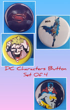 Load image into Gallery viewer, new dc characters button set of 4 fashion buttons are 1.25 inches in size Set Includes Batman 60s Cartoon Swinging Batman Superman Combined Logos Vintage Cartoon Joker Batwoman comics tv collection pinback
