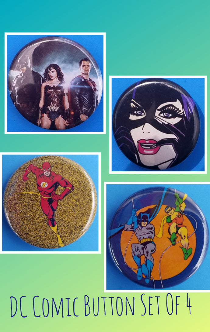 new dc comic button set of 4 fashion buttons are 1.25 inches in size Set Includes Batman Robin Swinging Catwoman With Finger In Mouth Batman Wonder Woman Superman Flash movies comics collection cartoon pinback