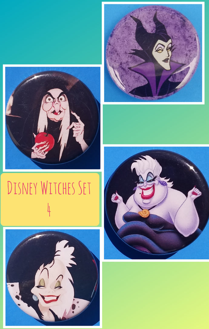 new disney villains button set of 4 fashion buttons are 1.25 inches in size Set Includes Cruella De Ville Evil Queen Malificent Ursula witches cartoons movies animation snow white the little mermaid 100 dalmations sleeping beauty fantasy collection pinback