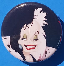Load image into Gallery viewer, new disney villains button set of 4 fashion buttons are 1.25 inches in size Set Includes Cruella De Ville Evil Queen Malificent Ursula witches cartoons movies animation snow white the little mermaid 100 dalmations sleeping beauty fantasy collection pinback
