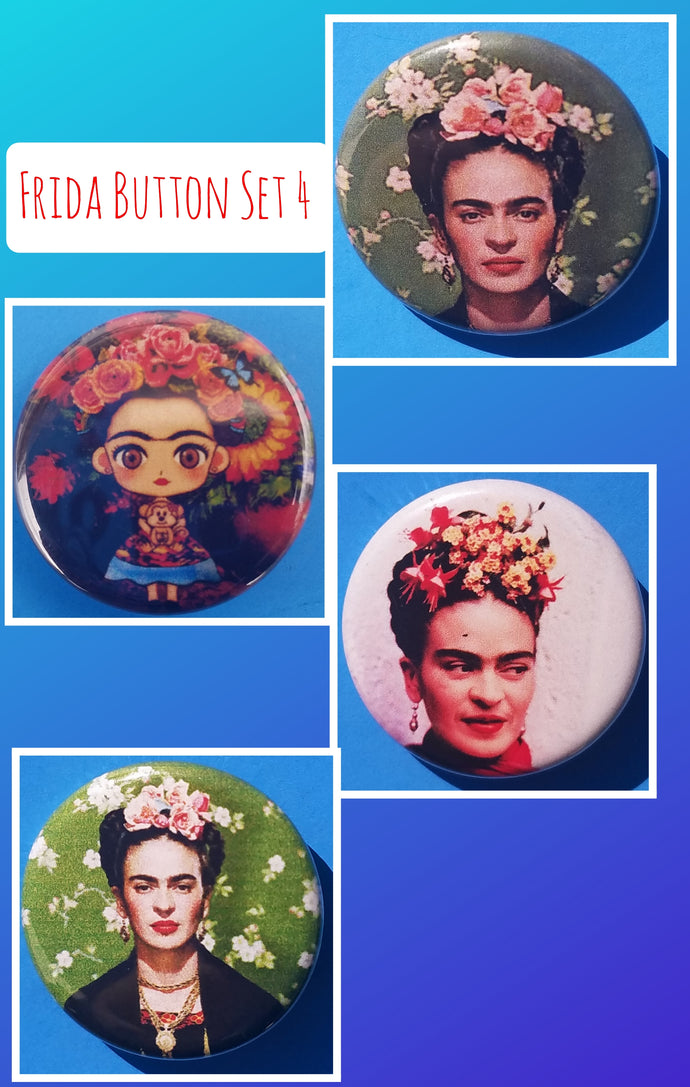 new frida kahlo button set of 4 fashion buttons are 1.25 inches in size Set Includes Frida As A Kid Frida on Green With Flowers Frida With White Background Frida Up Close With Flowers mexican style movies pinback