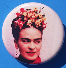 Load image into Gallery viewer, new frida kahlo button set of 4 fashion buttons are 1.25 inches in size Set Includes Frida As A Kid Frida on Green With Flowers Frida With White Background Frida Up Close With Flowers mexican style movies pinback
