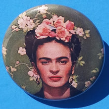 Load image into Gallery viewer, new frida kahlo button set of 4 fashion buttons are 1.25 inches in size Set Includes Frida As A Kid Frida on Green With Flowers Frida With White Background Frida Up Close With Flowers mexican style movies pinback
