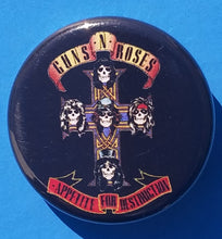 Load image into Gallery viewer, new guns n roses button set of 5 fashion buttons are 1.25 inches in size Set Includes Guns N Roses Appetite For Destruction Guns N Roses Double Gun On Black Guns N Roses Double Gun On White Guns N Roses Slash Skull With Double Gun Guns N Roses Yellow Logo On Black hard rock music pinback
