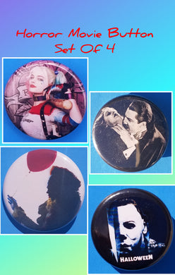 new horror movie button set of 4 fashion buttons are 1.25 inches in size Set Includes Dracula Biting Neck Halloween Movie Poster Harley Quinn Movie Girl Pennywise It With Red Balloon movie collection pinback