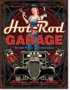 new hot rod garage service with a smile man cave wall art shop metal sign 16width x 12.5height decor transportation mopar general motors ford cars auto novelty