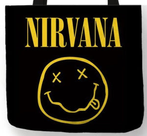 new nirvana crooked smiley face canvas tote bags image is printed on both sides women unisex tote bag nirvana music men grunge apparel handbags