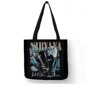 new nirvana kurt cobain canvas tote bags image is printed on both sides women unisex tote bag nirvana music men grunge apparel handbags