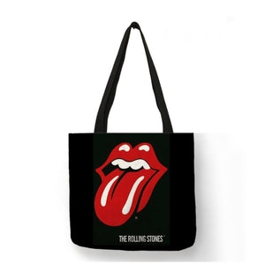 new the rolling stones tongue logo canvas tote bags image is printed on both sides women unisex men music apparel classic rock handbags