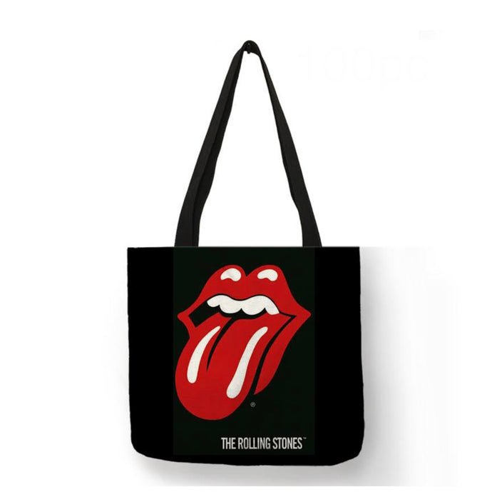 new the rolling stones tongue logo canvas tote bags image is printed on both sides women unisex men music apparel classic rock handbags