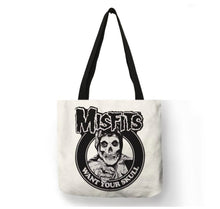 Load image into Gallery viewer, new misfits want your skull canvas tote bags image is printed on both sides women unisex punk music men hardcore punk apparel handbags
