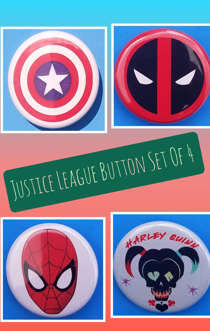 new justice league button set of 4 fashion buttons are 1.25 inches in size Set Includes Captain America Shield Deadpool Face Harley Quinn Skeleton Head Spiderman Head patriotic movie collection cartoon pinback