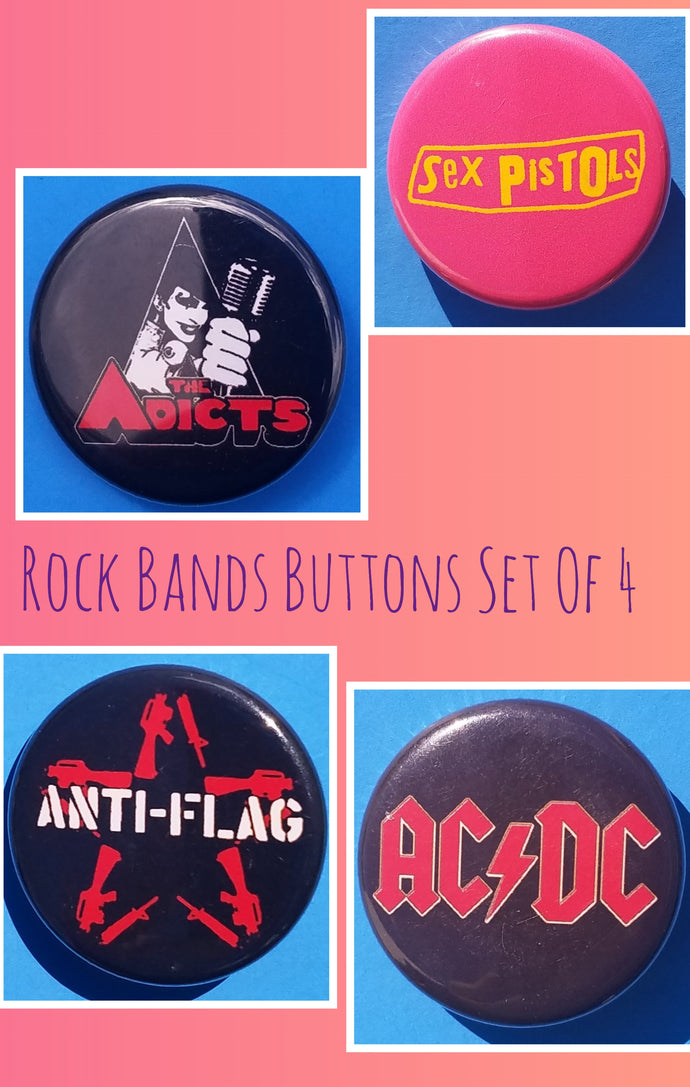 new rock band button set of 4 fashion buttons are 1.25 inches in size Set Includes ACDC Red Letter Logo On Black Anti Flag Red Star Sex Pistols The Adicts Logo In Triangle tv music collection buttons hard rock