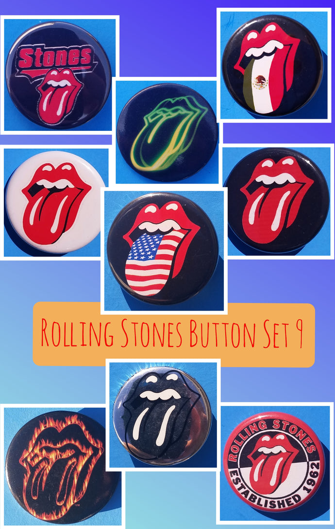 new rolling stones buttons set of 9 buttons are 1.25 inches in size set includes usa flag silver tongue on white red on black neon mexican flag flame established 1962 on black collection music classic rock