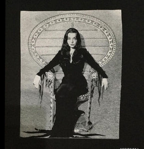 new morticia adams in a chair unisex silkscreen t-shirt available from small-3xl women unisex movie men horror apparel adult the addams family shirts tops
