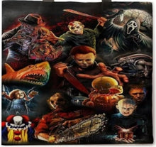 Load image into Gallery viewer, 13 most wanted horror collage canvas tote bags image is printed on both sides freddy krueger jason leatherface ghostface chucky pennywise pinhead micheal meyers predator hannibal jaws sam
