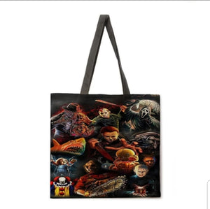 13 most wanted horror collage canvas tote bags image is printed on both sides freddy krueger jason leatherface ghostface chucky pennywise pinhead micheal meyers predator hannibal jaws sam