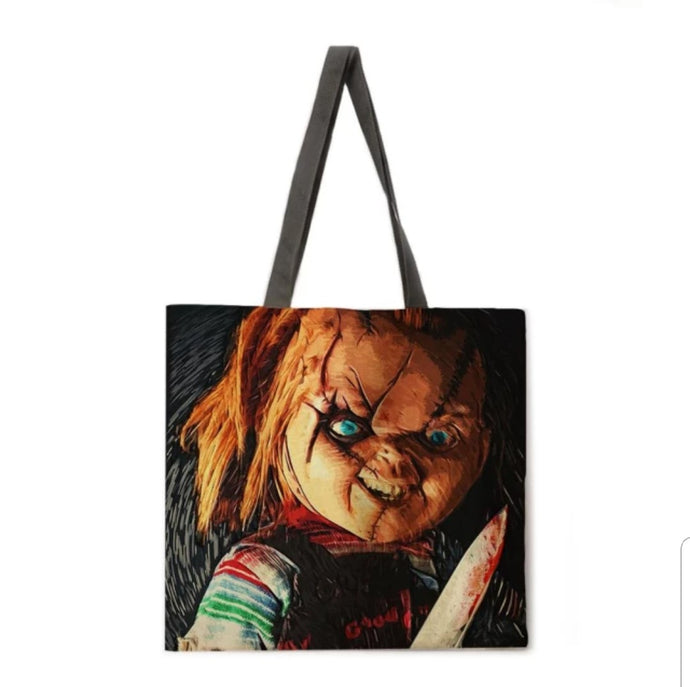 new chucky with knife canvas tote bags image is printed on both sides apparel handbags movies horror unisex