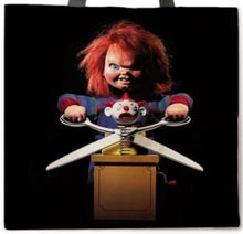 Load image into Gallery viewer, new chucky jack in the box canvas tote bags image is printed on both sides horror movies apparel unisex handbags
